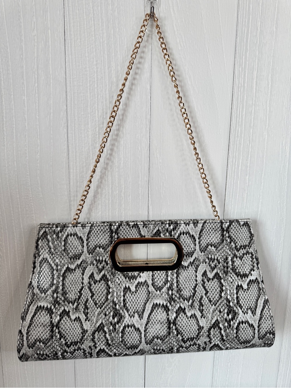 Snake-Print Chain Handle Clutch - Black & White